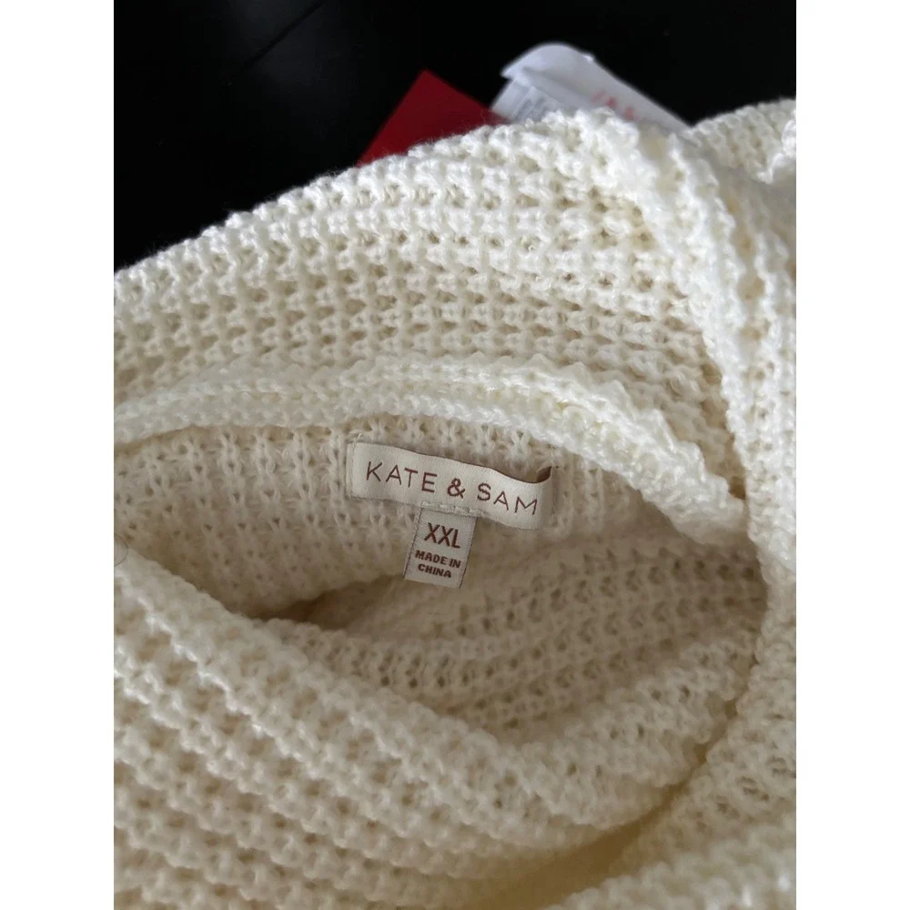 Kate & Sam Ivory Waffle Knit Wrap Front Button Turtleneck Sweater XXL Womens